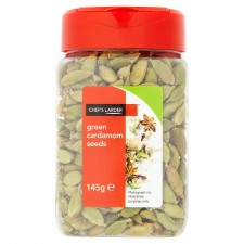 A clear jar with a red lid containing Chef's Larder Green Cardamom Seeds 145g, labeled "145g" with an image of the spice on the label.