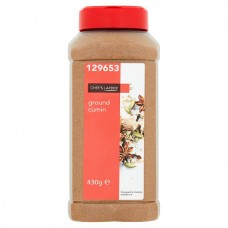 A plastic jar of Chef's Larder Ground Cumin 430g with a red and white label, weighing 430 grams, against a white background.