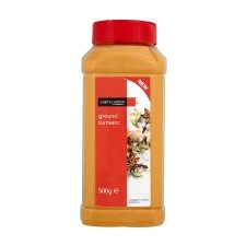 A plastic jar of Chef's Larder Ground Turmeric 500g with a red lid, labeled "simply organic", containing 500g of the spice.