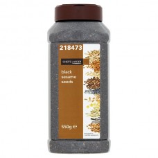 Plastic jar of Chef's Larder Black Sesame Seeds 550g with a brown label indicating the type and weight. Product code 218473 is visible at the top of the label.