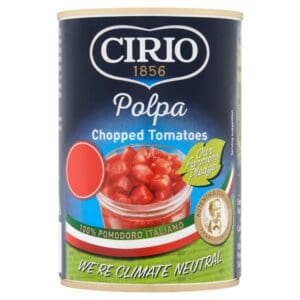 A can of Cirio Polpa Chopped Tomatoes 12x400g with the label displaying the brand, product name, and a "we're climate neutral" statement.