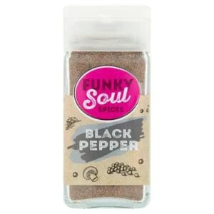 A clear plastic spice jar labeled "FUNKY Soul Ground Black Pepper 41g" filled with coarsely ground black pepper.