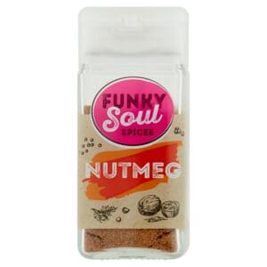 Funky Soul Nutmeg 40g jar labeled with an image of nutmegs on an orange background.