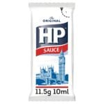 A packet of HP The Original Sauce 200x11.5g featuring the brand logo and an illustration of London landmarks, including Big Ben, containing 10ml of sauce.