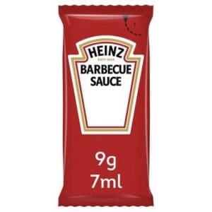 A packet of Heinz Barbecue Sauce 250x9g, labeled with a 9g or 7ml quantity, illustrated on a red background.