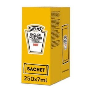 A yellow box of Heinz English Mustard Classic Style Hot 250x7ml sachets, clearly labeled, containing 250 sachets of 7ml each.
