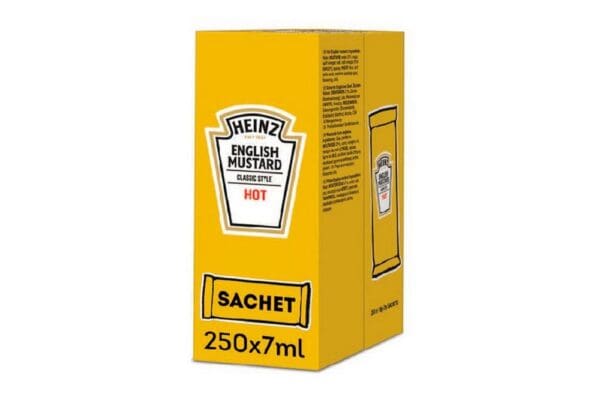 A yellow box of Heinz English Mustard Classic Style Hot 250x7ml sachets, clearly labeled, containing 250 sachets of 7ml each.