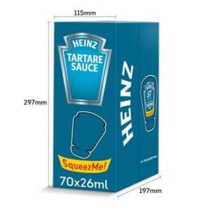 A Heinz SqueezMe! Tartare Sauce 70x26ml packaging box, displaying dimensions and a "squeeze me" graphic, colored in the brand's blue and yellow.