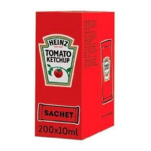 A box of Heinz Tomato Ketchup 200x11g sachets, labeled 200 x 10ml, with a red and white color scheme and an image of a ketchup bottle on the side.