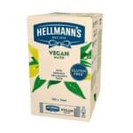 A carton of Hellmann's Vegan Mayonnaise Sachets - 200x10ml labeled "vegan mayo," gluten-free, containing ten 200 ml sachets, displayed against a white background.