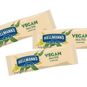 Three packets of Hellmann's Vegan Mayonnaise Sachets - 200x10ml, each labeled as gluten-free and weighing 9.3 grams.