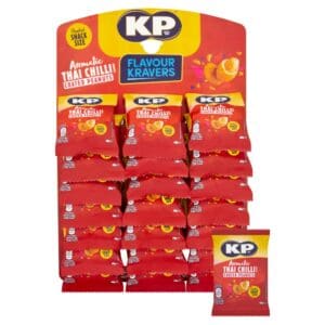 Display of KP Flavour Kravers Aromatic Thai Chilli Coated Peanuts 21x40g (Pubcard) in red packets, arranged on shelves with the brand logo at the top.