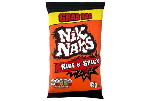A bag of KP Nice 'N' Spicy Grab Bag Crisps 36x45g, featuring a bold orange and black design with the product name in white and red text.