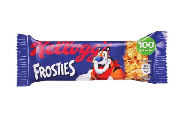 A Kellogg's Frosties Cereal Milk Bar 25x25g wrapper, featuring the cartoon character Tony the Tiger, with nutritional information on the front.