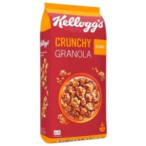 A package of Kellogg's Granola Bag 1.5kg, displaying clusters of granola and nuts on a warm red background.