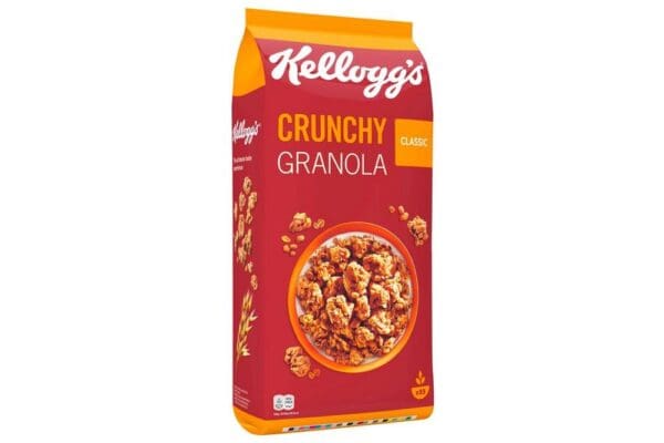A package of Kellogg's Granola Bag 1.5kg, displaying clusters of granola and nuts on a warm red background.