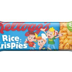 Packaging of Kellogg's Rice Krispies Cereal & Milk Bars 25x20g with the brand logo and animated characters, indicating 83 kcal per bar.