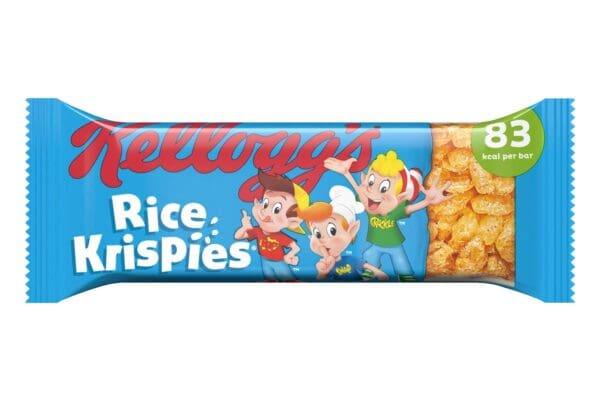 Packaging of Kellogg's Rice Krispies Cereal & Milk Bars 25x20g with the brand logo and animated characters, indicating 83 kcal per bar.