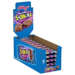 A display box of Kellogg's Squares Delightfully Chocolatey Cereal Bars 30x36g, showing individually wrapped bars inside and promotional graphics.