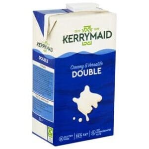 A carton of Kerrymaid Double Cream, labeled as creamy and versatile, with nutritional information displayed on the side.
