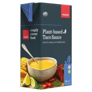 Macphie Plant-Based Taco Sauce 1 Litre, labeled "smooth, smoky and mildly spicy," displayed with images of corn, lime, and chili on a 1-liter carton.