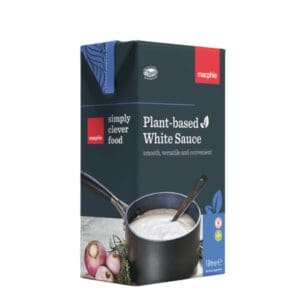 Packaging of Macphie Plant-Based White Sauce 1 Litre in a carton, featuring an image of a saucepan with sauce and garnishes. The box is labeled "smooth, versatile.