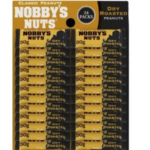 A package of Nobby's Nuts Classic Dry Roasted Peanuts 24 x 50g Pubcard, featuring multiple small 50g bags of dry roasted peanuts displayed in rows.