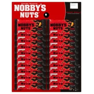 A display of Nobby's Nuts Sweet Chilli Flavour Coated Peanuts 20 x 40g (Pubcard) packets arranged on a shelf.