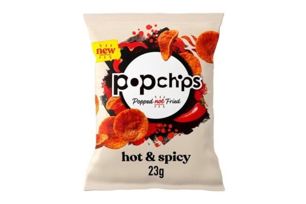 Bag of Popchips Hot & Spicy Crisps 24x23g, featuring vibrant red design elements and crisps depicted with a burst of spices.
