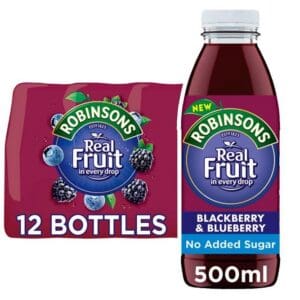 Package design of the Robinsons Blackberry & Blueberry Drink 12x500ml depicting a 12-bottle pack and a 500ml bottle, labeled with no added sugar.