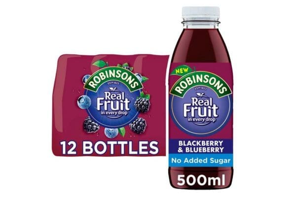 Package design of the Robinsons Blackberry & Blueberry Drink 12x500ml depicting a 12-bottle pack and a 500ml bottle, labeled with no added sugar.