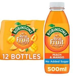 Robinsons Peach & Mango Drink 2x500ml in next to a pack of 12 bottles.