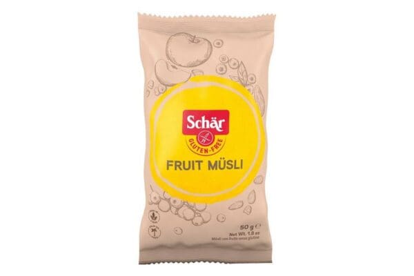Package of Schär Gluten Free Muesli portion pack 24x50g, displaying the product name and gluten-free label in a yellow circle, with illustrations of fruits and cereal.