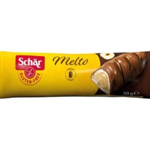 Packaging of Schar Melto Chocolate Bars 25x30g, showing a half-unwrapped bar with creamy filling, labeled "gluten-free.