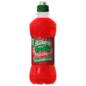 A plastic bottle of Simply Fruity Strawberry Juice 12x33ml with a green cap and label stating "no added sugar.