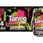 A Tango Sugar Free Paradise Punch 24x330ml, featuring vibrant pink, yellow, and black design elements on the packaging and can.