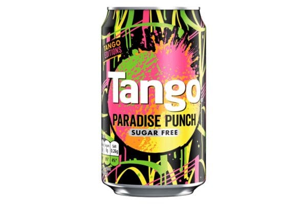 A Tango Sugar Free Paradise Punch 24x330ml soda can, labeled as sugar-free, with vibrant pink, yellow, and green splash designs.