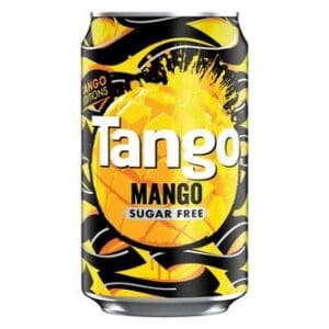 A case of Tango Sugar Free Mango 24x330ml soda featuring a vibrant black and orange design with mango graphics.