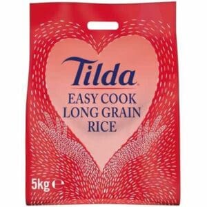 A "Tilda Easy Cook Long Grain Rice 5kg" featuring a heart-shaped design created by grain illustrations on a red background.