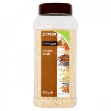 Clear plastic jar of Chef's Larder Sesame Seeds 530g with a brown cap, labeled with product name and weight, and a color-coded nutritional information chart.