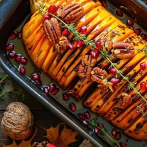 Roasted butternut squash with pecans and pomegranate.