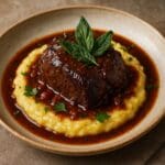 Braised beef cheek in rich red wine sauce served on creamy Parmesan polenta, garnished with crispy sage leaves and fresh parsley on a rustic plate by Nicol Retailer
