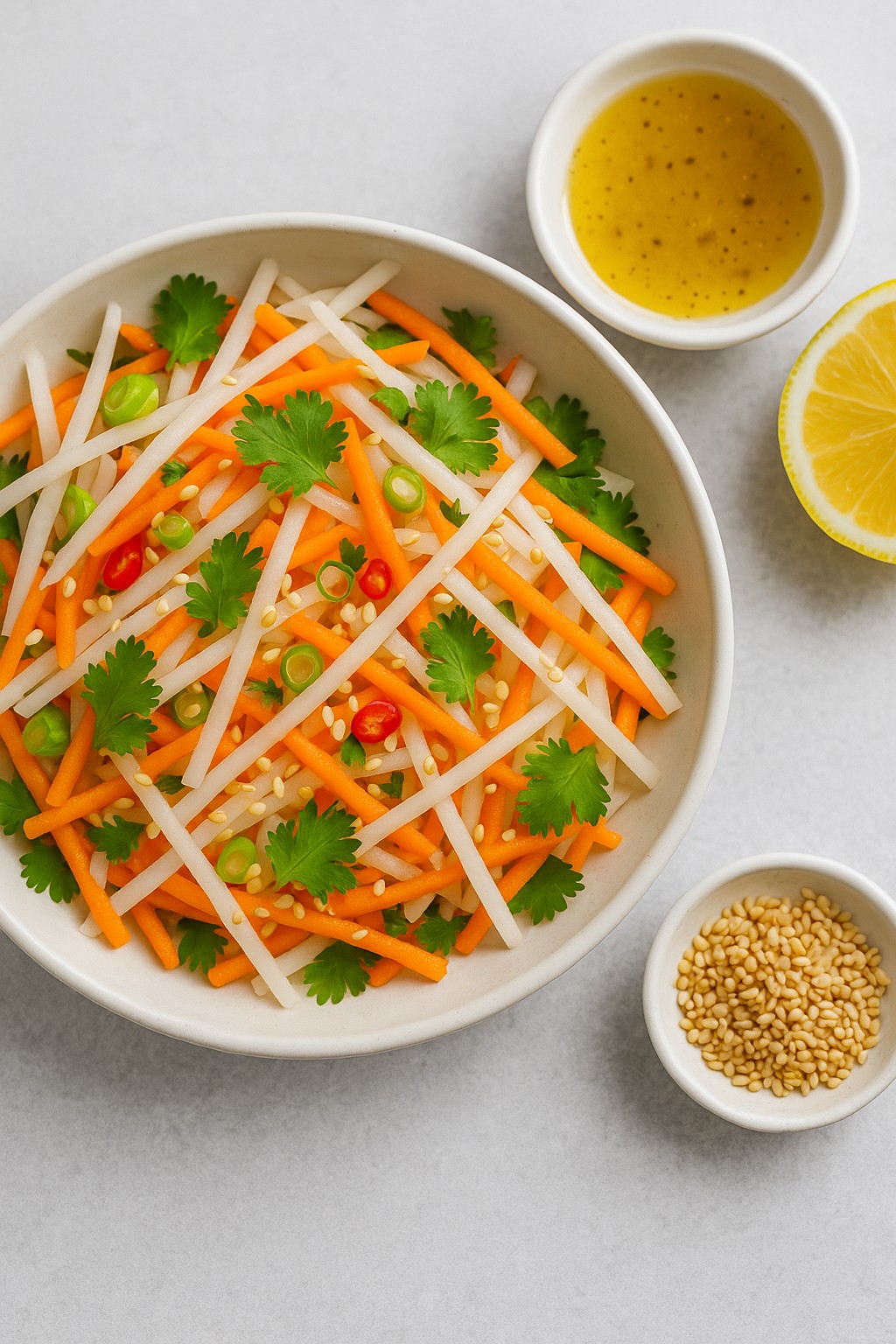 Bowl of fresh mooli and carrot salad with sesame seeds, coriander, and lemon dressing by Nicol Retailer Limited
