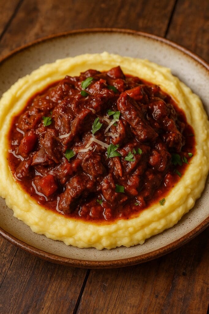 Braised British beef shin ragù made with Alec Jarrett British Red Tractor Beef Shin from Nicol Retailer Limited, served over creamy Parmesan mash with rosemary and Parmesan cheese — created by Nicol Retailer Limited.
