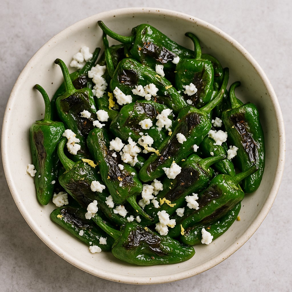 Charred Padron peppers with feta crumble and lemon zest created by Nicol Retailer, served in a rustic ceramic bowl and drizzled with olive oil.