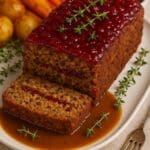 Delicious festive nut roast loaf topped with glossy cranberry sauce and garnished with thyme, served with roast potatoes, carrots, and gravy — a vegan Christmas dinner by Nicol Retailer Limited.