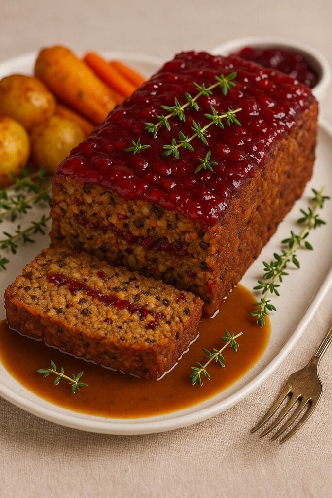 Delicious festive nut roast loaf topped with glossy cranberry sauce and garnished with thyme, served with roast potatoes, carrots, and gravy — a vegan Christmas dinner by Nicol Retailer Limited.