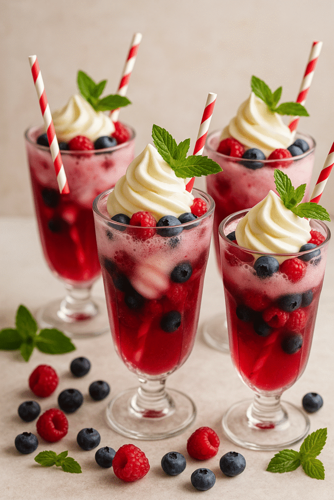 A tall dessert glass filled with creamy vanilla soft-serve made from Arla Slower Melt Soft Ice Mix, sparkling pink berry soda, and layers of fresh raspberries, strawberries, and blueberries. Finished with a swirl of ice cream and a mint sprig, this refreshing British summer dessert drink is beautifully styled on a bright wooden table. Recipe and image by Nicol Retailer Limited.