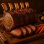 Five-bone roasted beef forerib with sliced servings and vegetables. Image and recipe created by Nicol Retailer Limited.