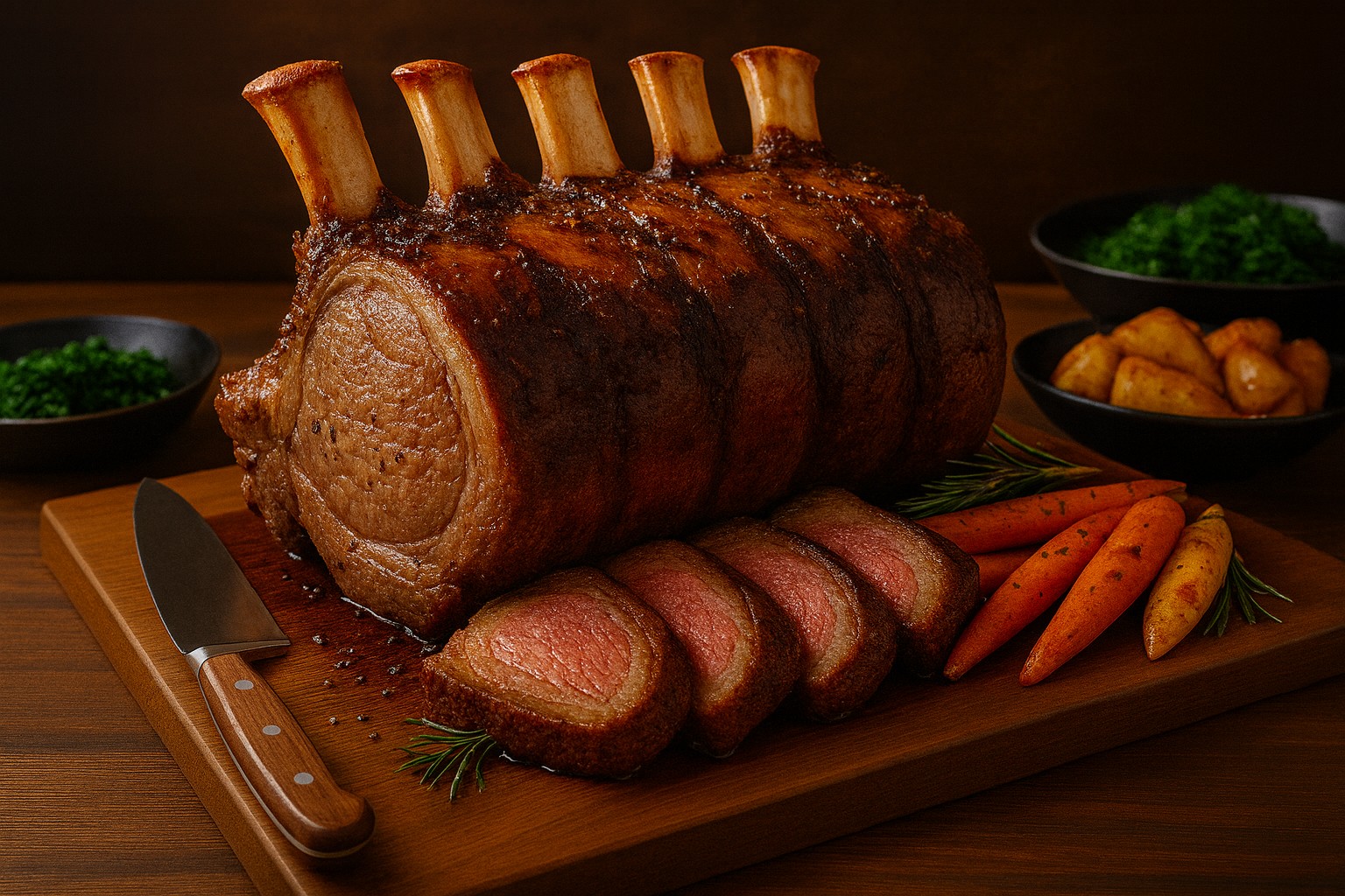 Five-bone roasted beef forerib with sliced servings and vegetables. Image and recipe created by Nicol Retailer Limited.